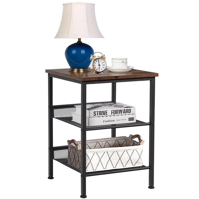 Costway Particleboard End Side Table with 2 Shelves in Brown (Set of 2)