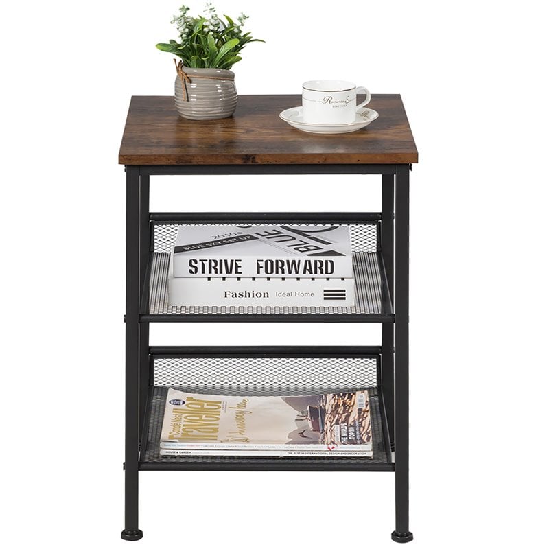 Costway Particleboard End Side Table with 2 Shelves in Brown (Set of 2)