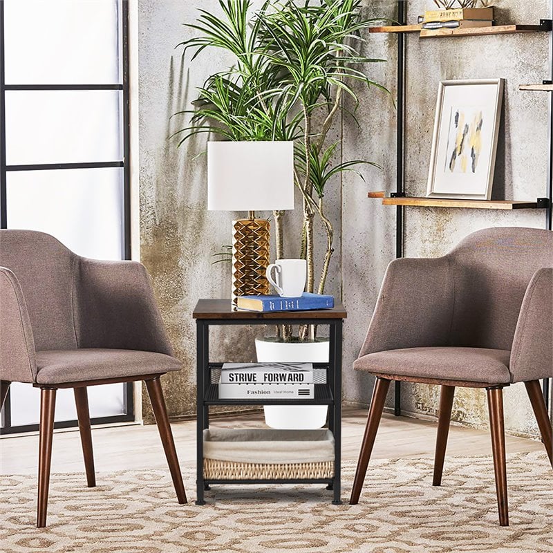 Costway Particleboard End Side Table with 2 Shelves in Brown (Set of 2)