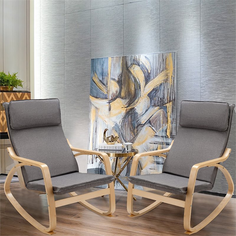 Costway Fabric and Wood Rocker Lounge Chair with Cushion in Gray (Set of 2)