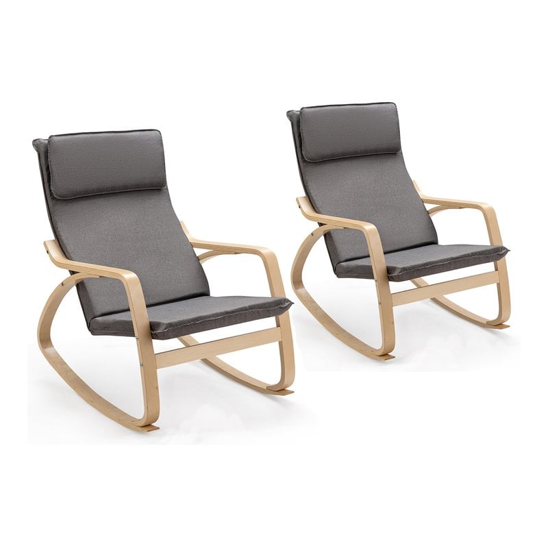 Costway Fabric and Wood Rocker Lounge Chair with Cushion in Gray (Set of 2)