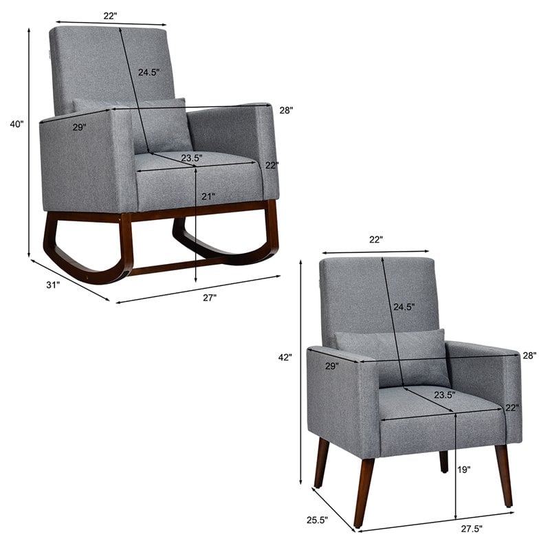 Costway Upholstered Rocking Chair with Pillow in Dark Gray (Set of 2 Dual-use)