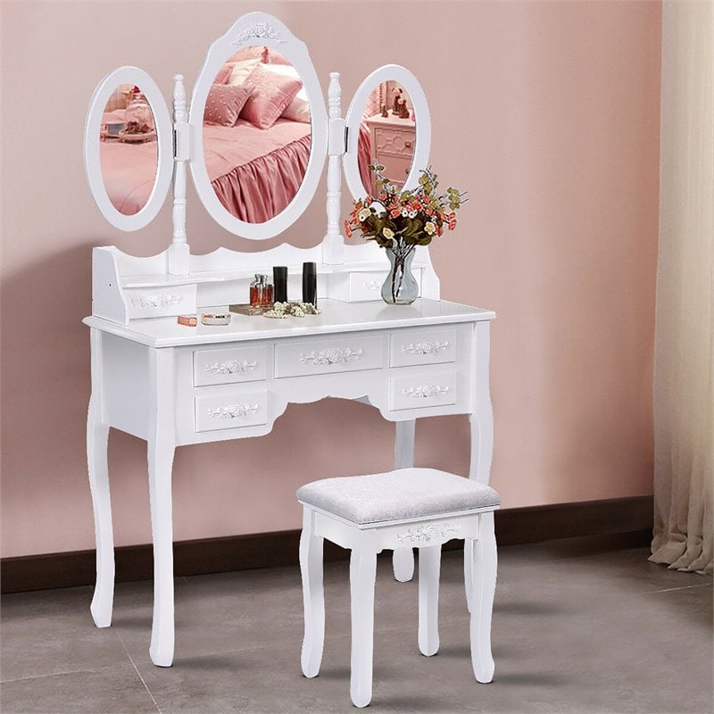 Costway Pine Wood Vanity Table Set with 7 Functional Drawers in White