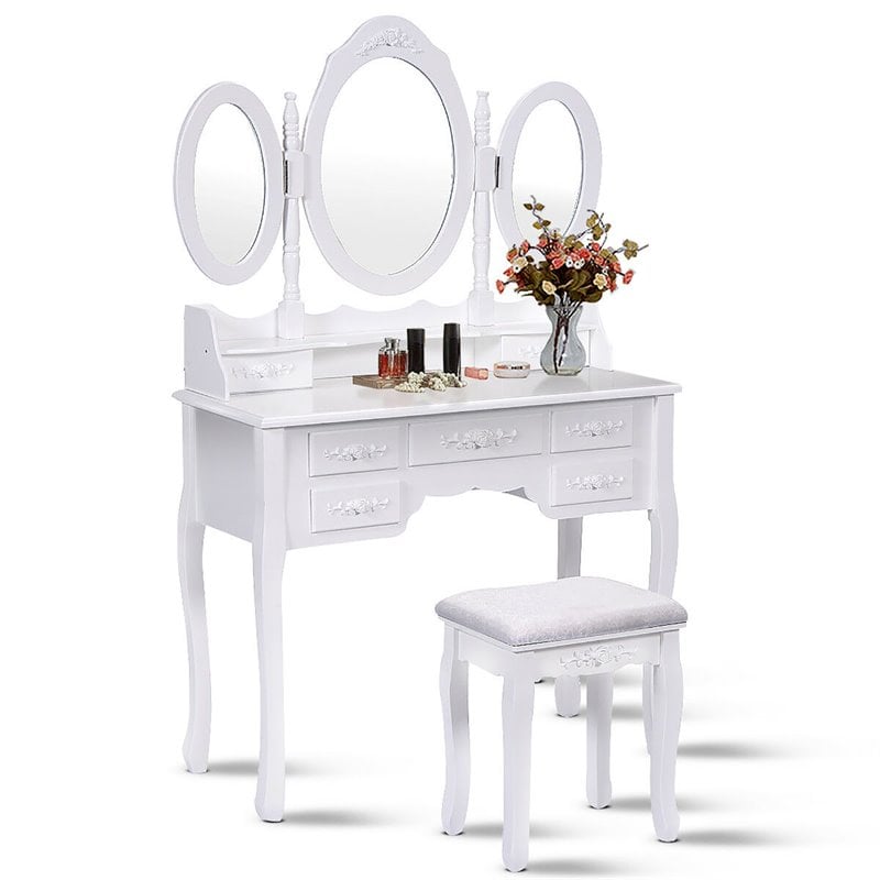 Costway Pine Wood Vanity Table Set with 7 Functional Drawers in White