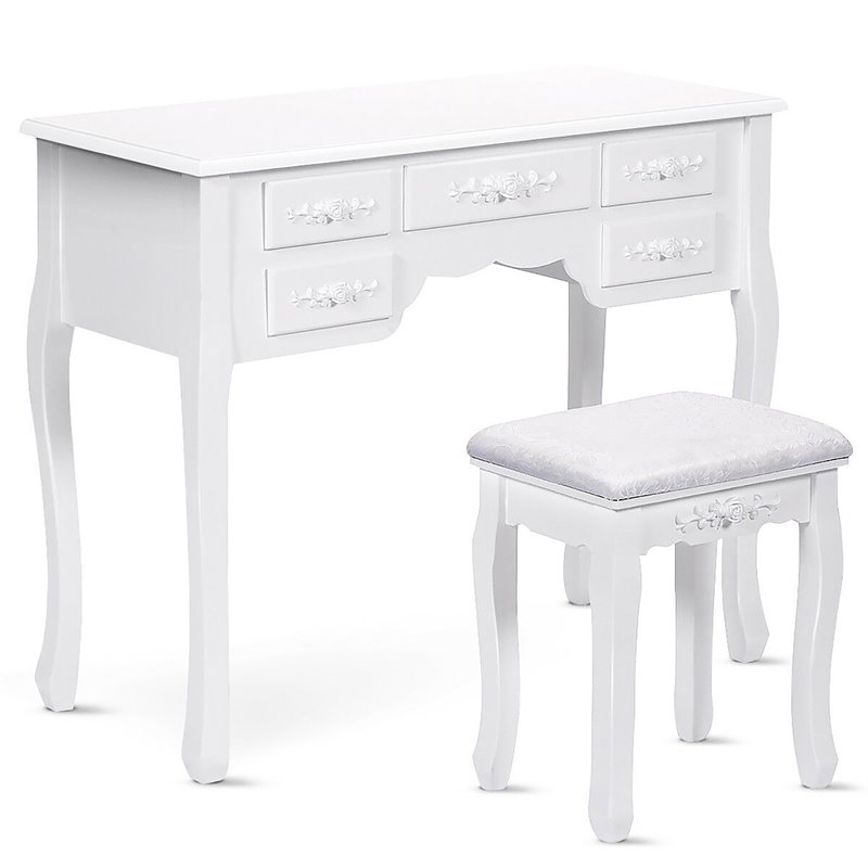 Costway Pine Wood Vanity Table Set with 7 Functional Drawers in White