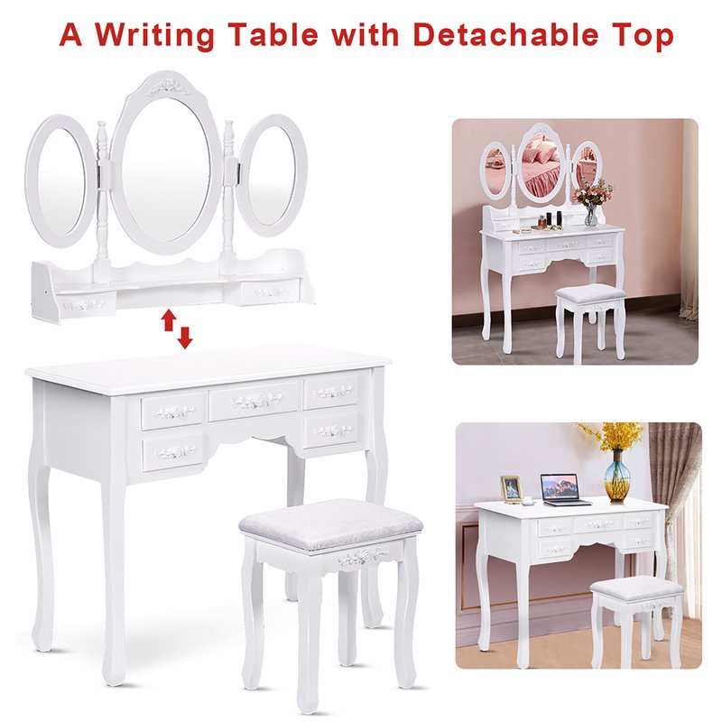 Costway Pine Wood Vanity Table Set with 7 Functional Drawers in White