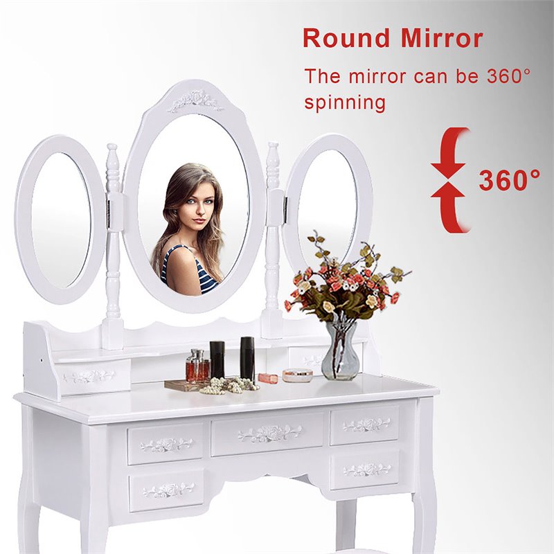 Costway Pine Wood Vanity Table Set with 7 Functional Drawers in White