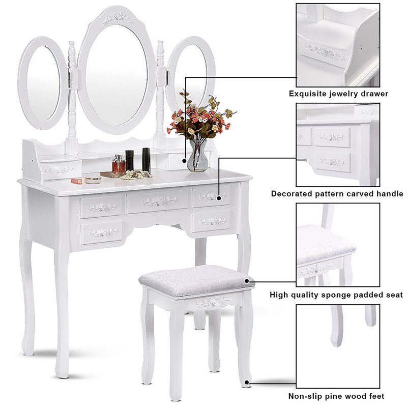 Costway Pine Wood Vanity Table Set with 7 Functional Drawers in White