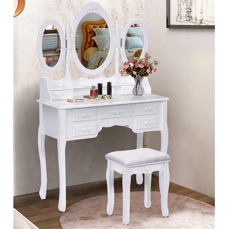 Costway Pine Wood Vanity Table Set with 7 Functional Drawers in White