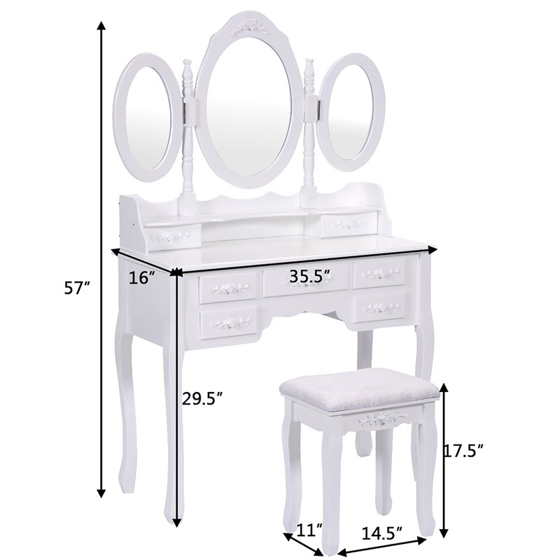 Costway Pine Wood Vanity Table Set with 7 Functional Drawers in White
