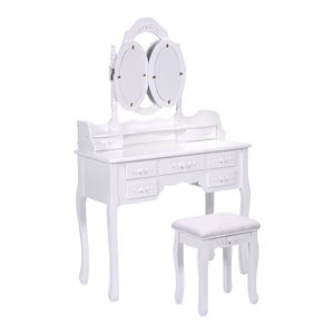 Costway Pine Wood Vanity Table Set with 7 Functional Drawers in White