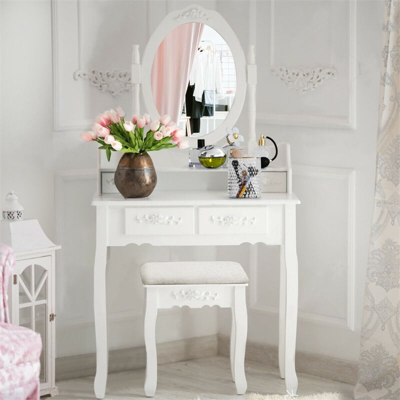 Costway Contemporary Pine Wood Vanity Table Set with 2 Big Drawers in White
