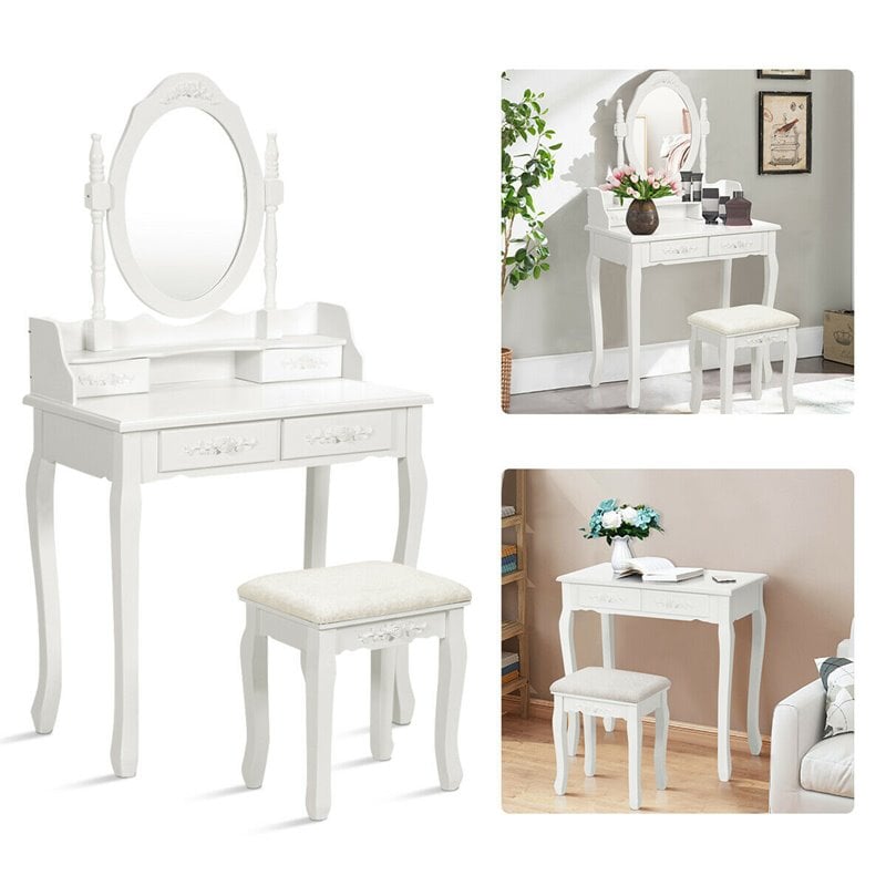 Costway Contemporary Pine Wood Vanity Table Set with 2 Big Drawers in White