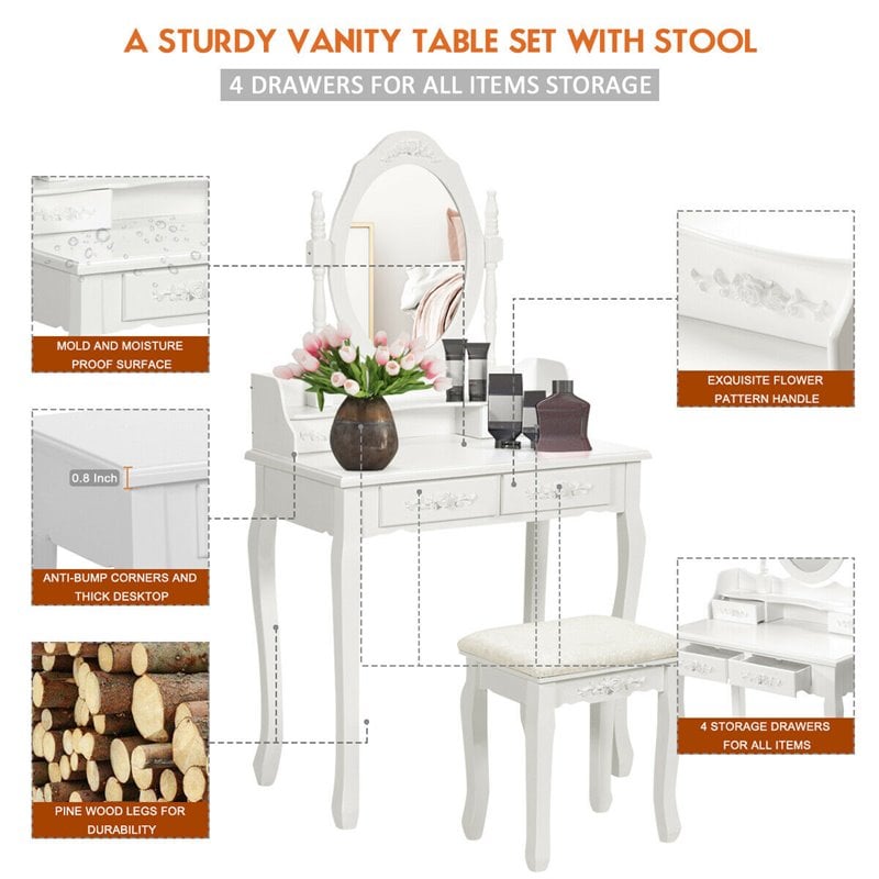Costway Contemporary Pine Wood Vanity Table Set with 2 Big Drawers in White