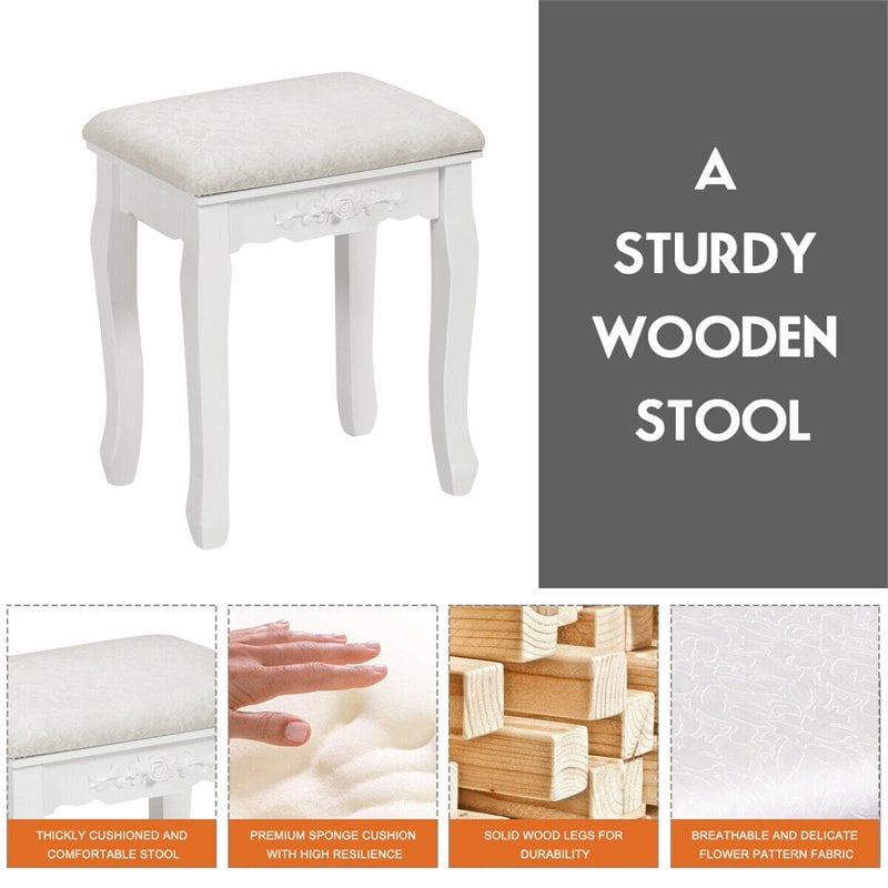 Costway Contemporary Pine Wood Vanity Table Set with 2 Big Drawers in White