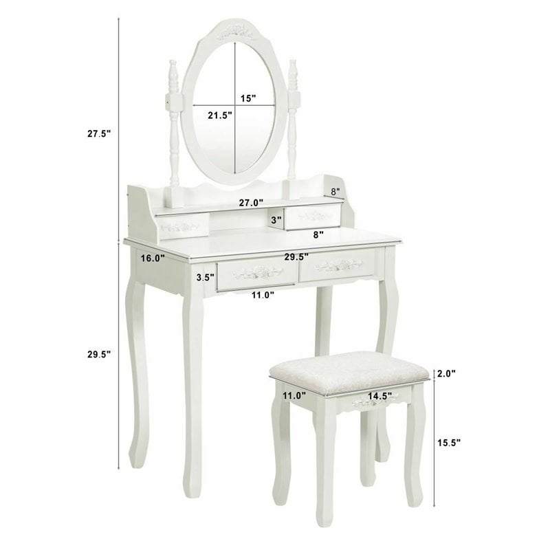 Costway Contemporary Pine Wood Vanity Table Set with 2 Big Drawers in White