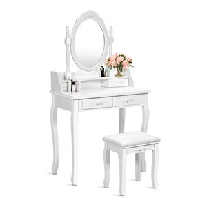 Costway Contemporary Pine Wood Vanity Table Set with 2 Big Drawers in White