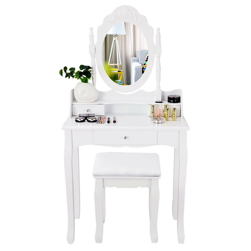 Costway Contemporary Pine Wood Vanity Table Set with 1 Big Drawer in White