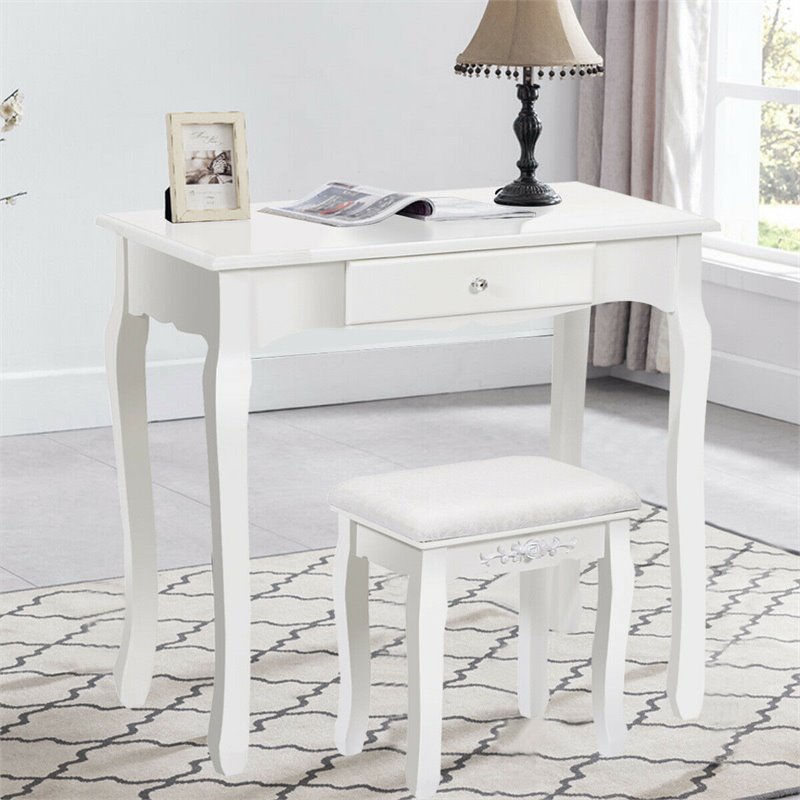 Costway Contemporary Pine Wood Vanity Table Set with 1 Big Drawer in White