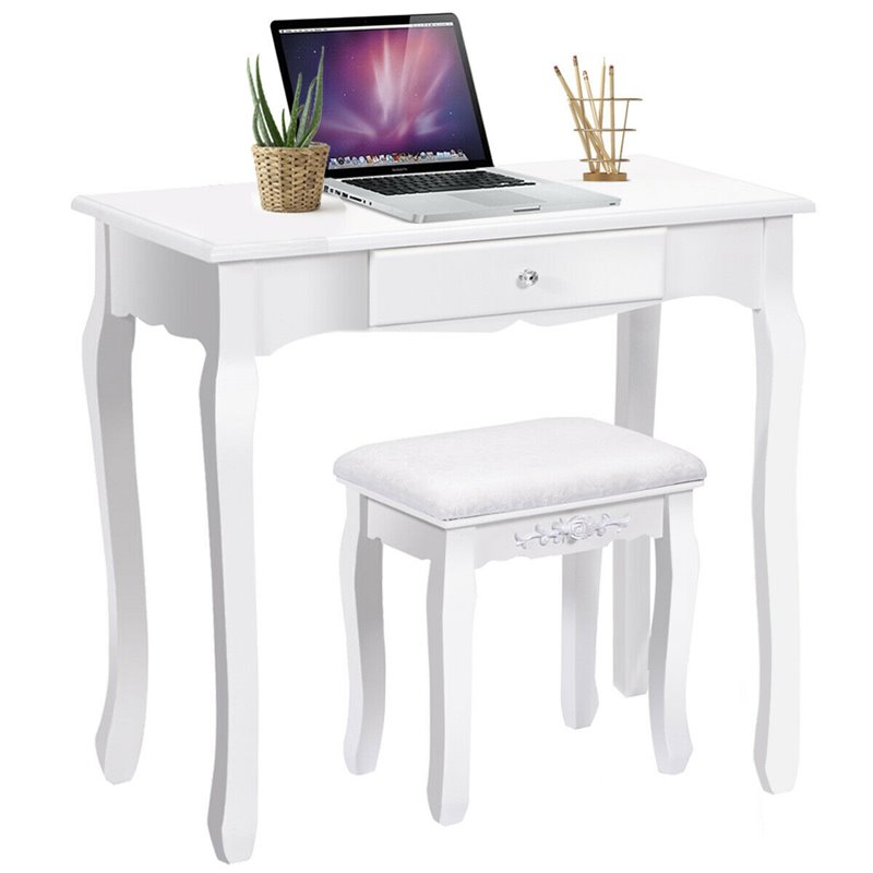 Costway Contemporary Pine Wood Vanity Table Set with 1 Big Drawer in White
