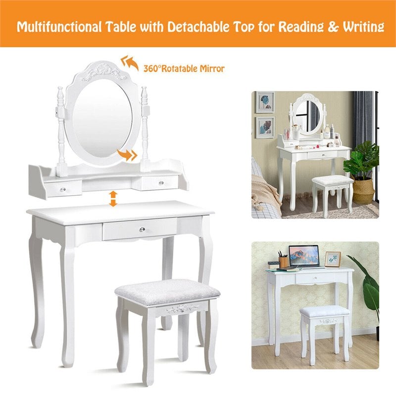 Costway Contemporary Pine Wood Vanity Table Set with 1 Big Drawer in White