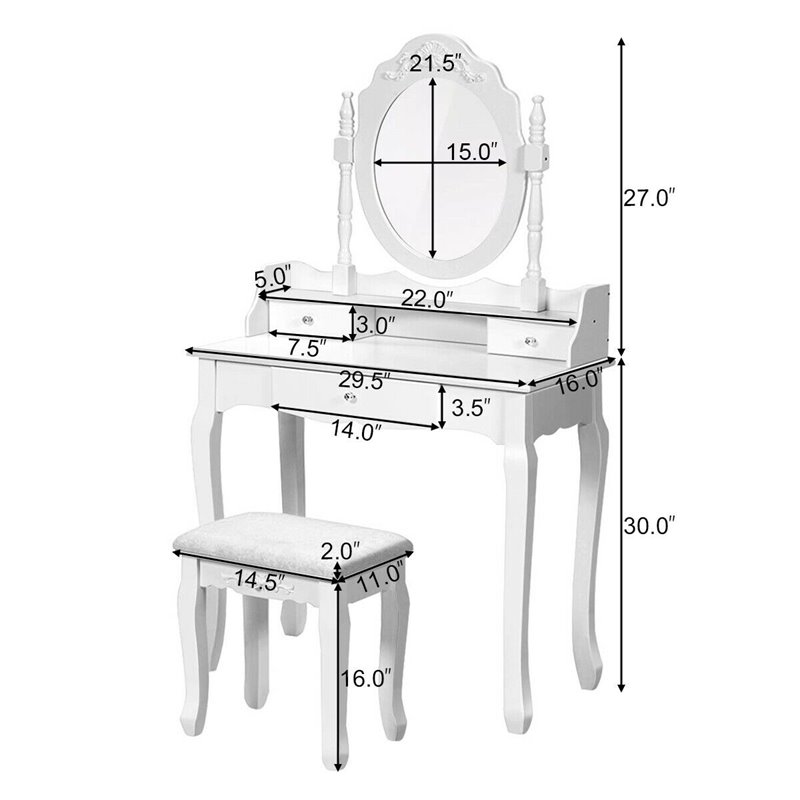 Costway Contemporary Pine Wood Vanity Table Set with 1 Big Drawer in White