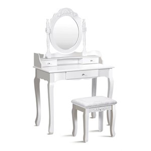 Costway Contemporary Pine Wood Vanity Table Set with 1 Big Drawer in White