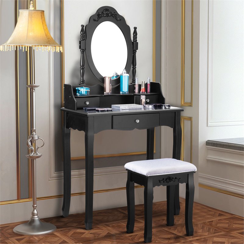 Costway Contemporary Pine Wood Vanity Table Set with 1 Big Drawer in Black