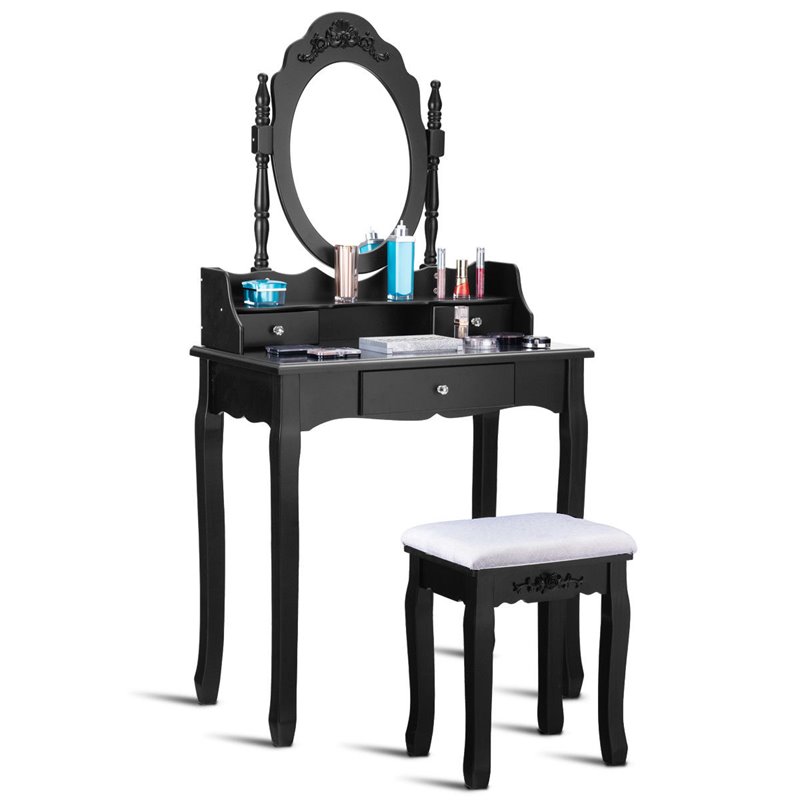 Costway Contemporary Pine Wood Vanity Table Set with 1 Big Drawer in Black