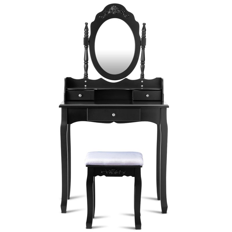 Costway Contemporary Pine Wood Vanity Table Set with 1 Big Drawer in Black