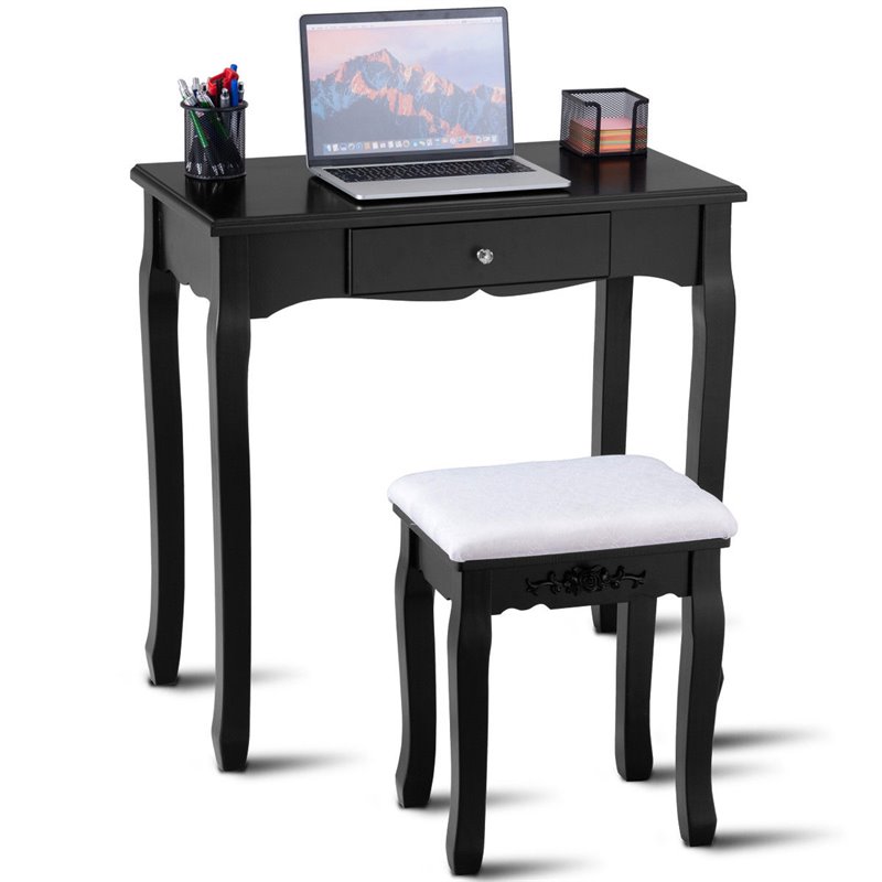 Costway Contemporary Pine Wood Vanity Table Set with 1 Big Drawer in Black