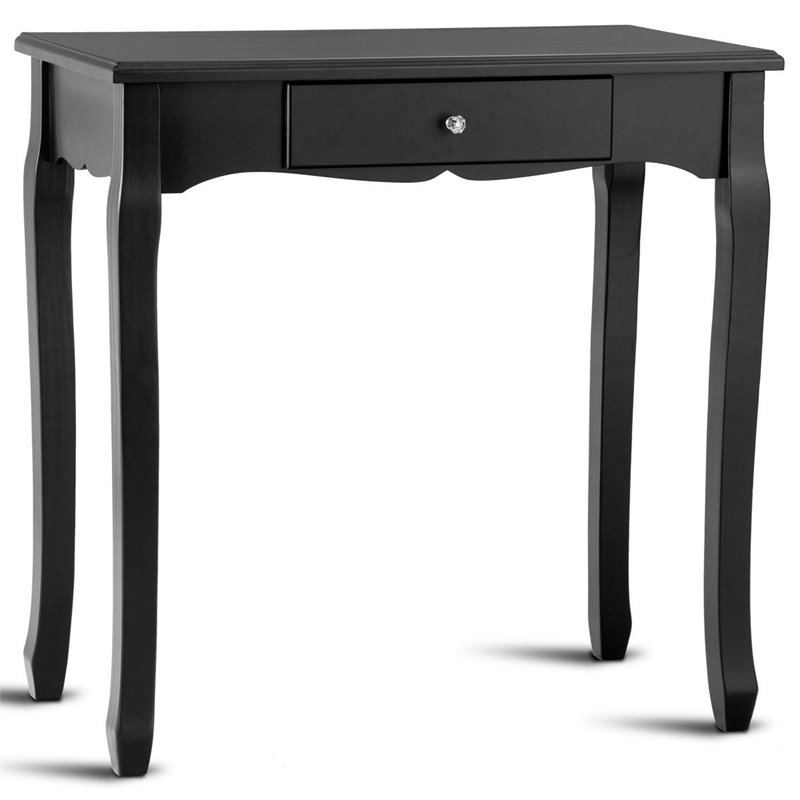 Costway Contemporary Pine Wood Vanity Table Set with 1 Big Drawer in Black