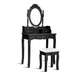 Costway Contemporary Pine Wood Vanity Table Set with 1 Big Drawer in Black