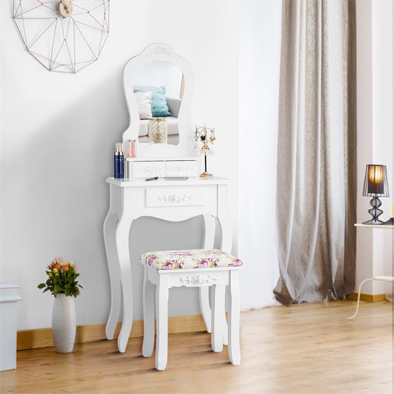 Costway Contemporary Pine Wood Vanity Table Set with 3 Storage Drawers in White