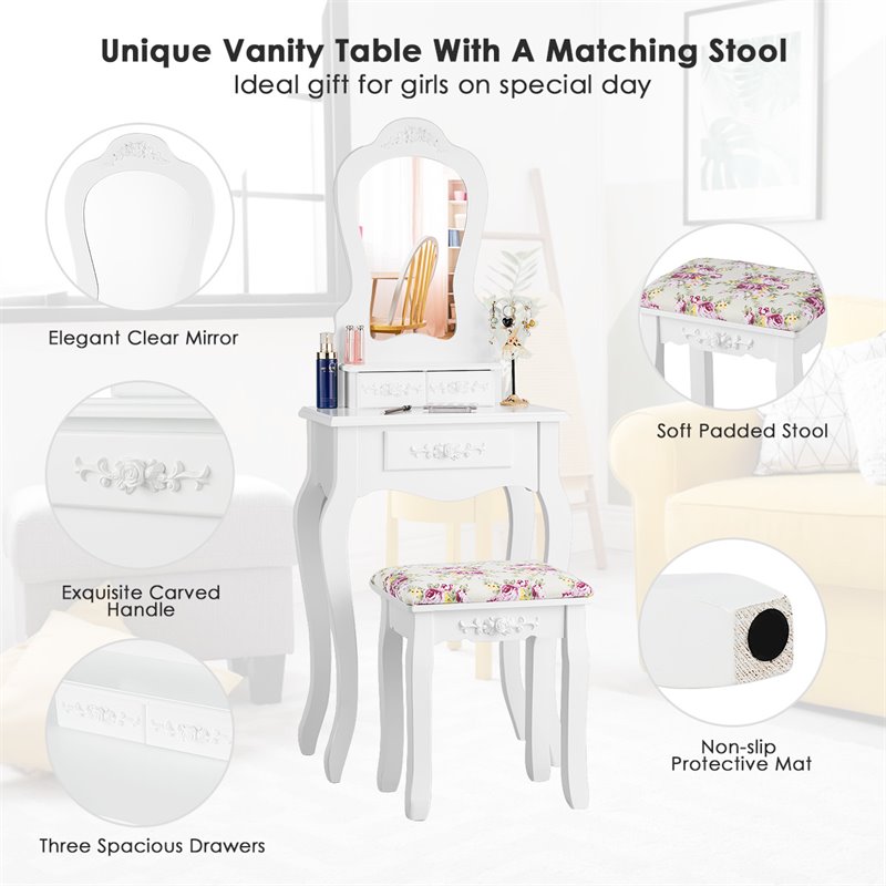 Costway Contemporary Pine Wood Vanity Table Set with 3 Storage Drawers in White