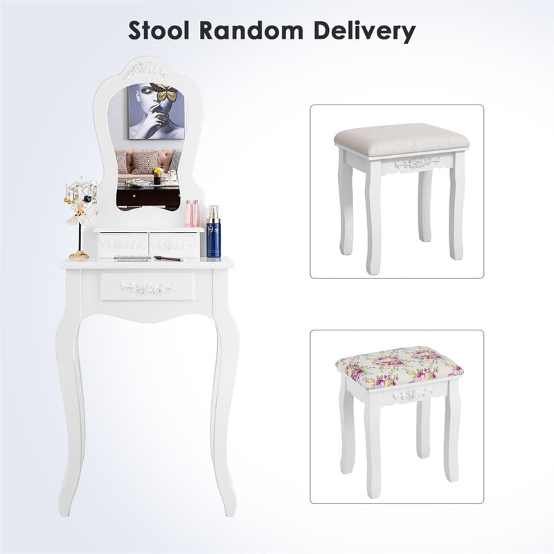 Costway Contemporary Pine Wood Vanity Table Set with 3 Storage Drawers in White