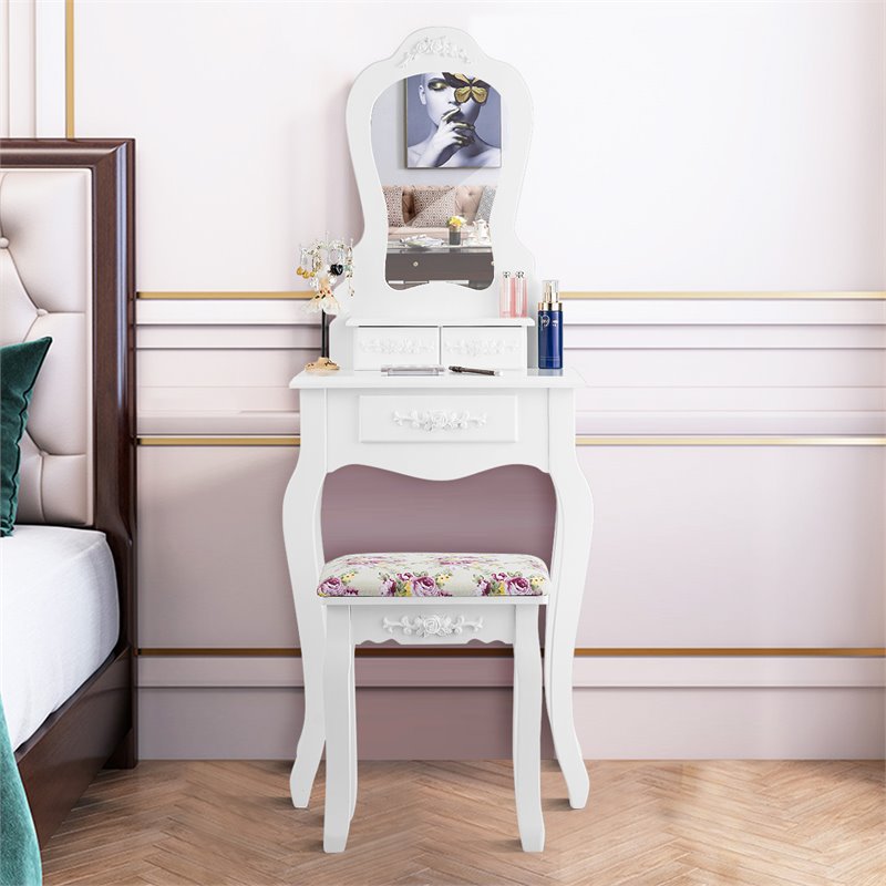 Costway Contemporary Pine Wood Vanity Table Set with 3 Storage Drawers in White