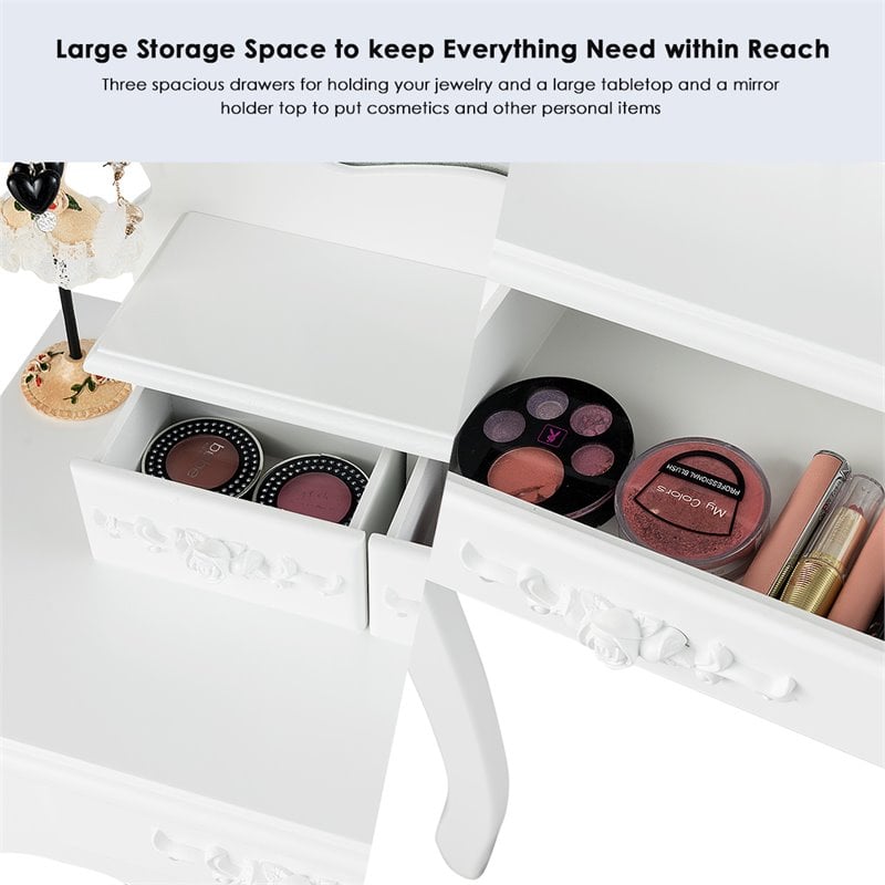 Costway Contemporary Pine Wood Vanity Table Set with 3 Storage Drawers in White