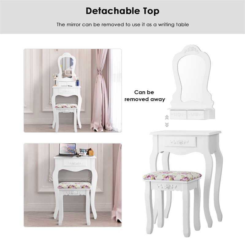 Costway Contemporary Pine Wood Vanity Table Set with 3 Storage Drawers in White