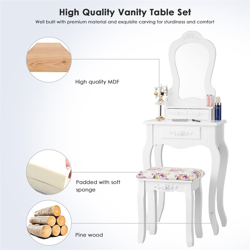 Costway Contemporary Pine Wood Vanity Table Set with 3 Storage Drawers in White