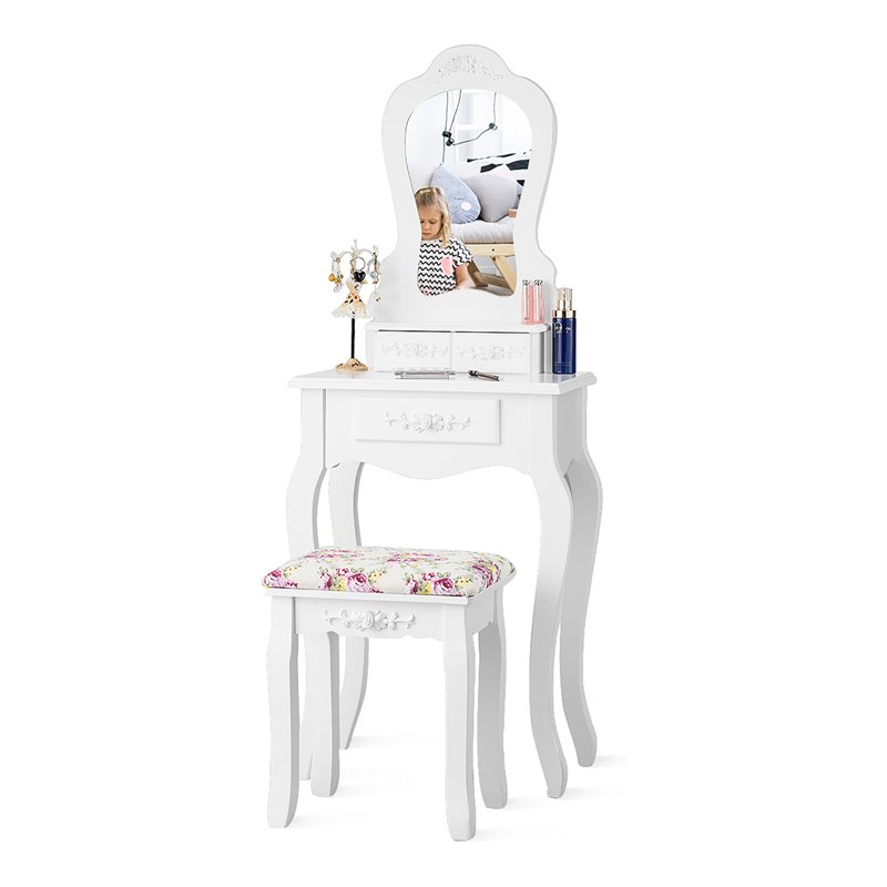 Costway Contemporary Pine Wood Vanity Table Set with 3 Storage Drawers in White
