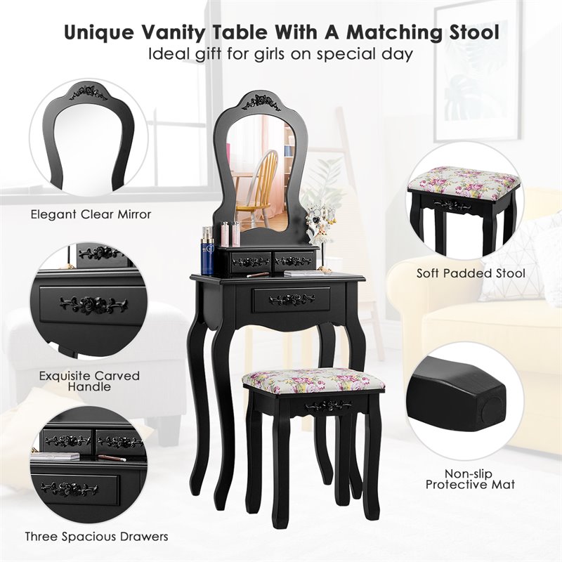 Costway Contemporary Pine Wood Vanity Table Set with 3 Storage Drawers in Black