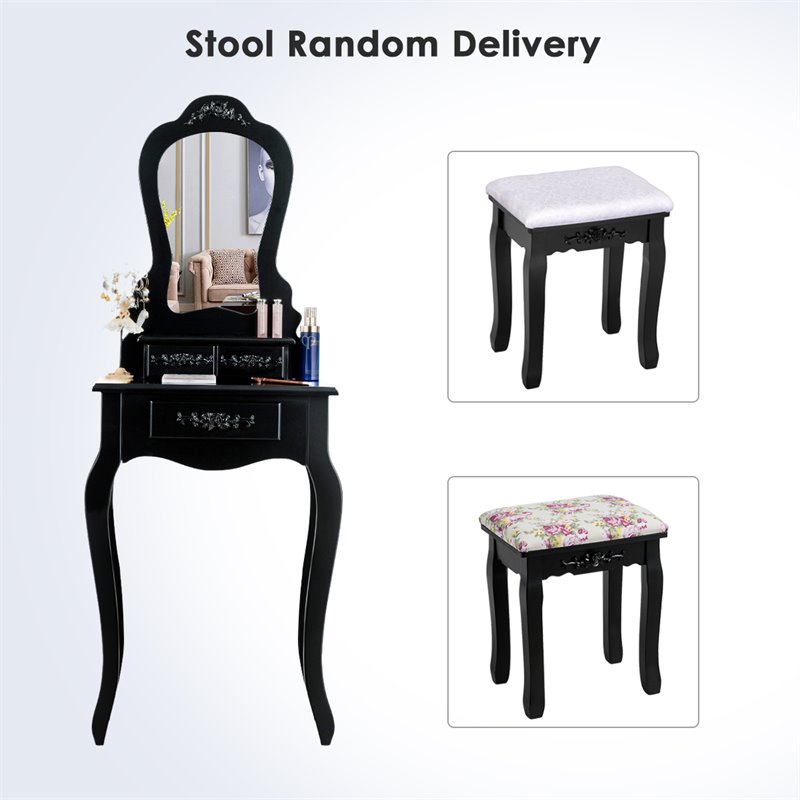 Costway Contemporary Pine Wood Vanity Table Set with 3 Storage Drawers in Black
