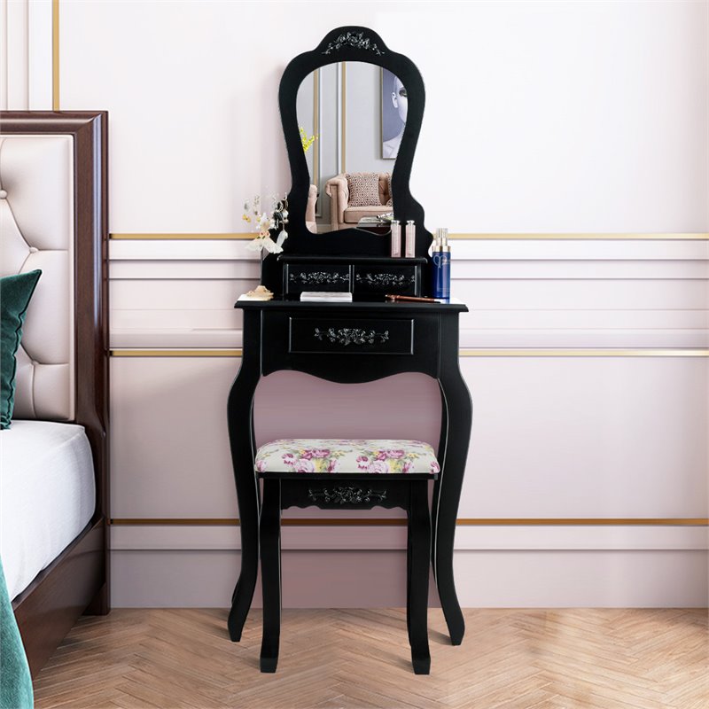 Costway Contemporary Pine Wood Vanity Table Set with 3 Storage Drawers in Black
