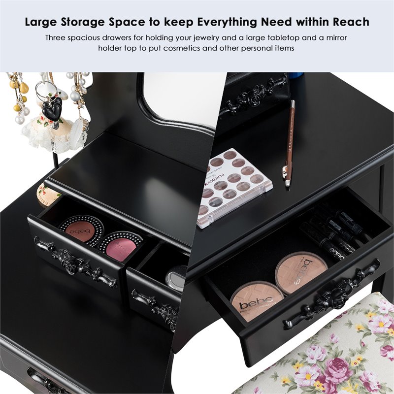 Costway Contemporary Pine Wood Vanity Table Set with 3 Storage Drawers in Black