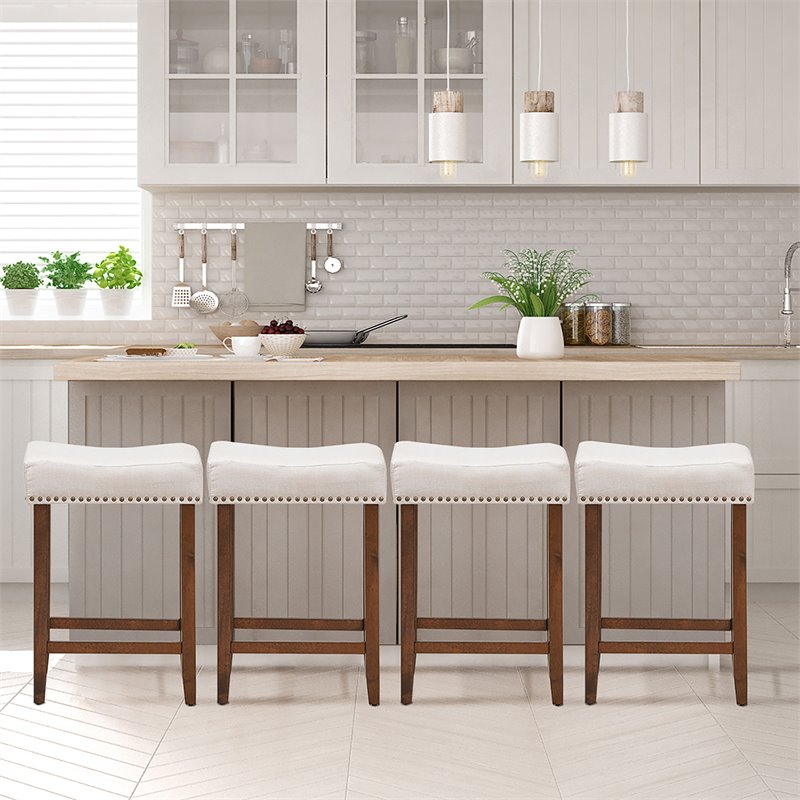 Costway 24'' Rubber Wood Nailhead Saddle Bar Stools in Beige (Set of 4)