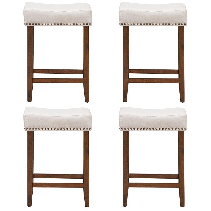 Costway 24'' Rubber Wood Nailhead Saddle Bar Stools in Beige (Set of 4)