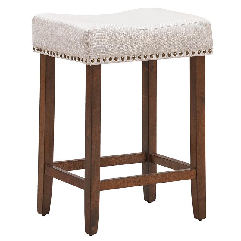 Costway 24'' Rubber Wood Nailhead Saddle Bar Stools in Beige (Set of 4)
