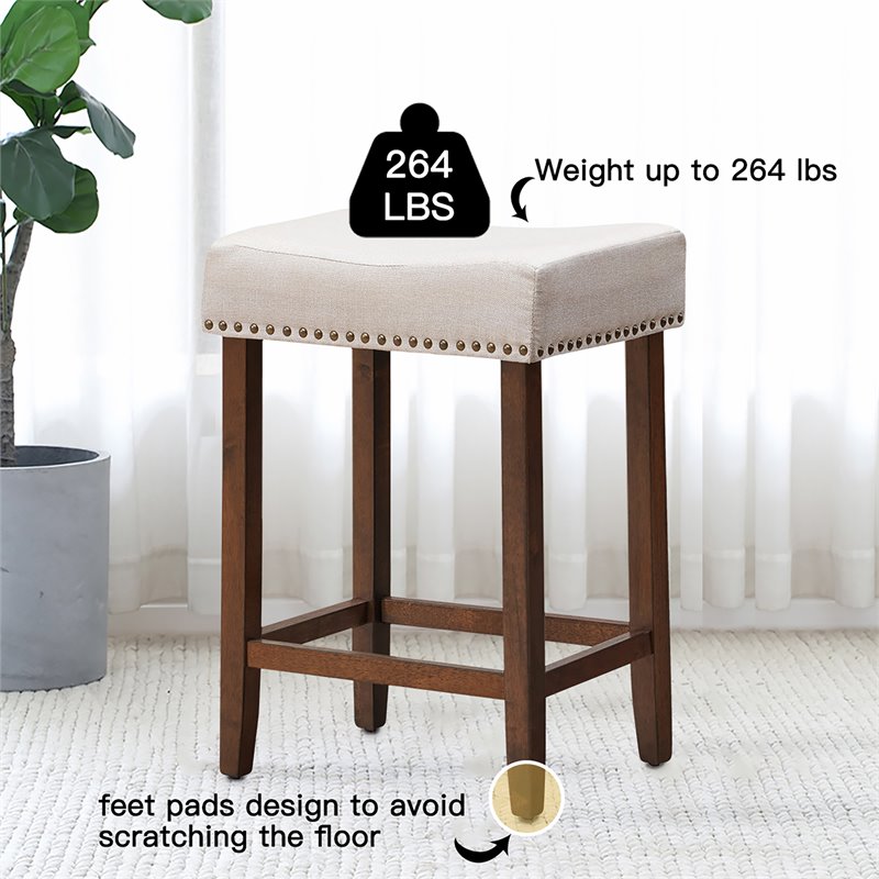 Costway 24'' Rubber Wood Nailhead Saddle Bar Stools in Beige (Set of 4)