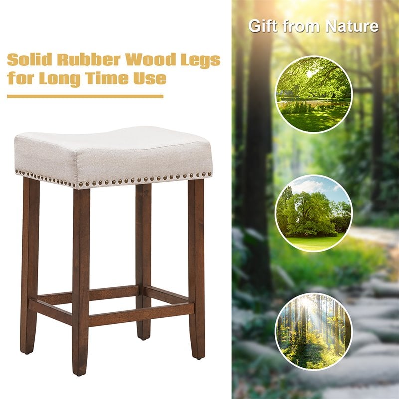 Costway 24'' Rubber Wood Nailhead Saddle Bar Stools in Beige (Set of 4)